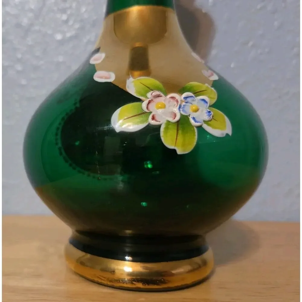 VINTAGE BOHEMIAN GREEN GLASS DECANTER w STOPPER 13